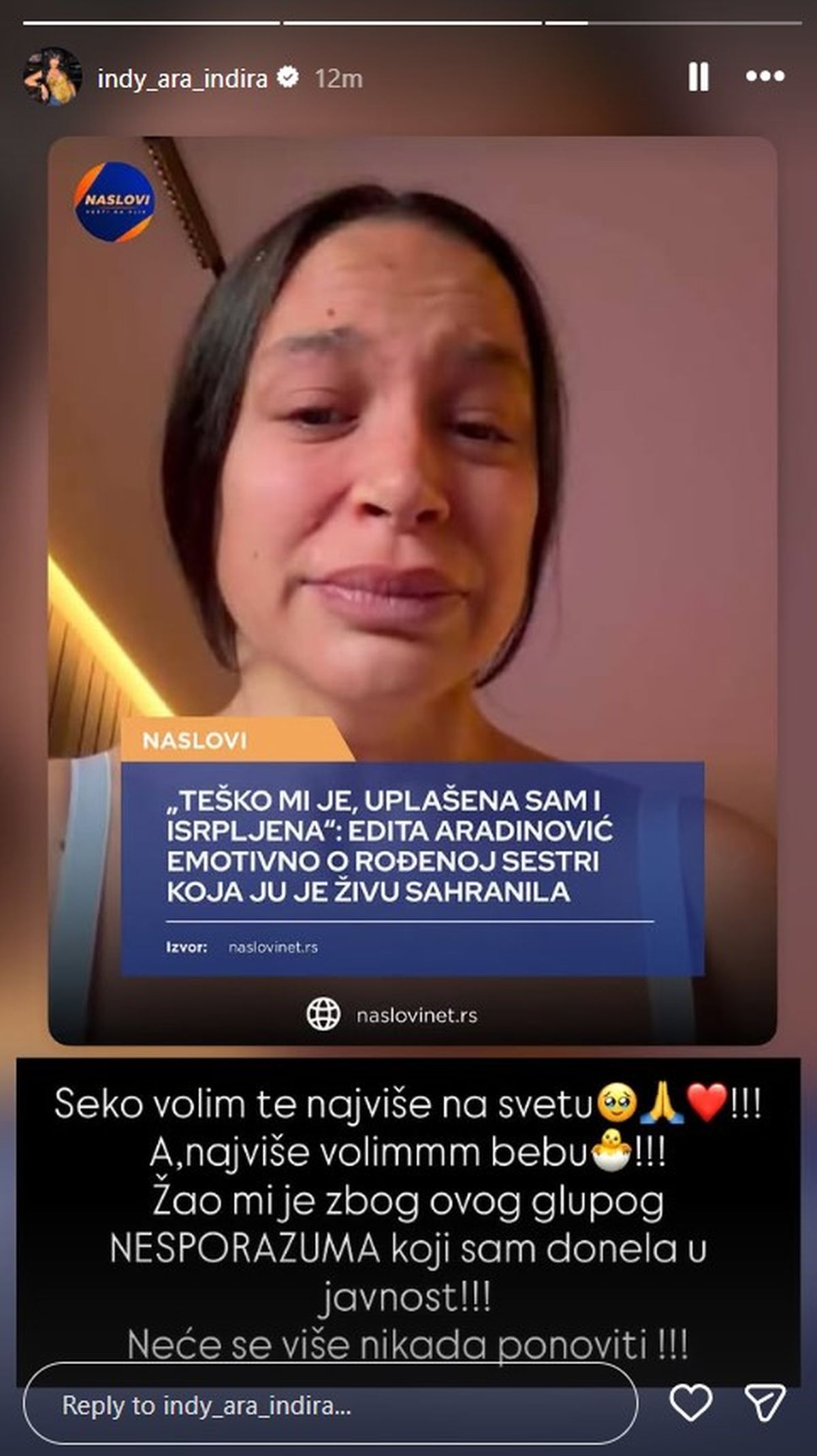 "Žao mi je zbog..." Indi objavila sliku uplakane Edite, pa se slomila potpuno: "Neće se više nikad ponoviti"
