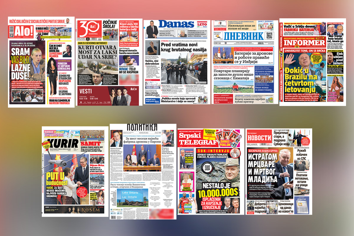 NASLOVNE STRANE SUTRAŠNJIH NOVINA: Prelistavanje štampe za utorak, 1. septembar 2026. godine