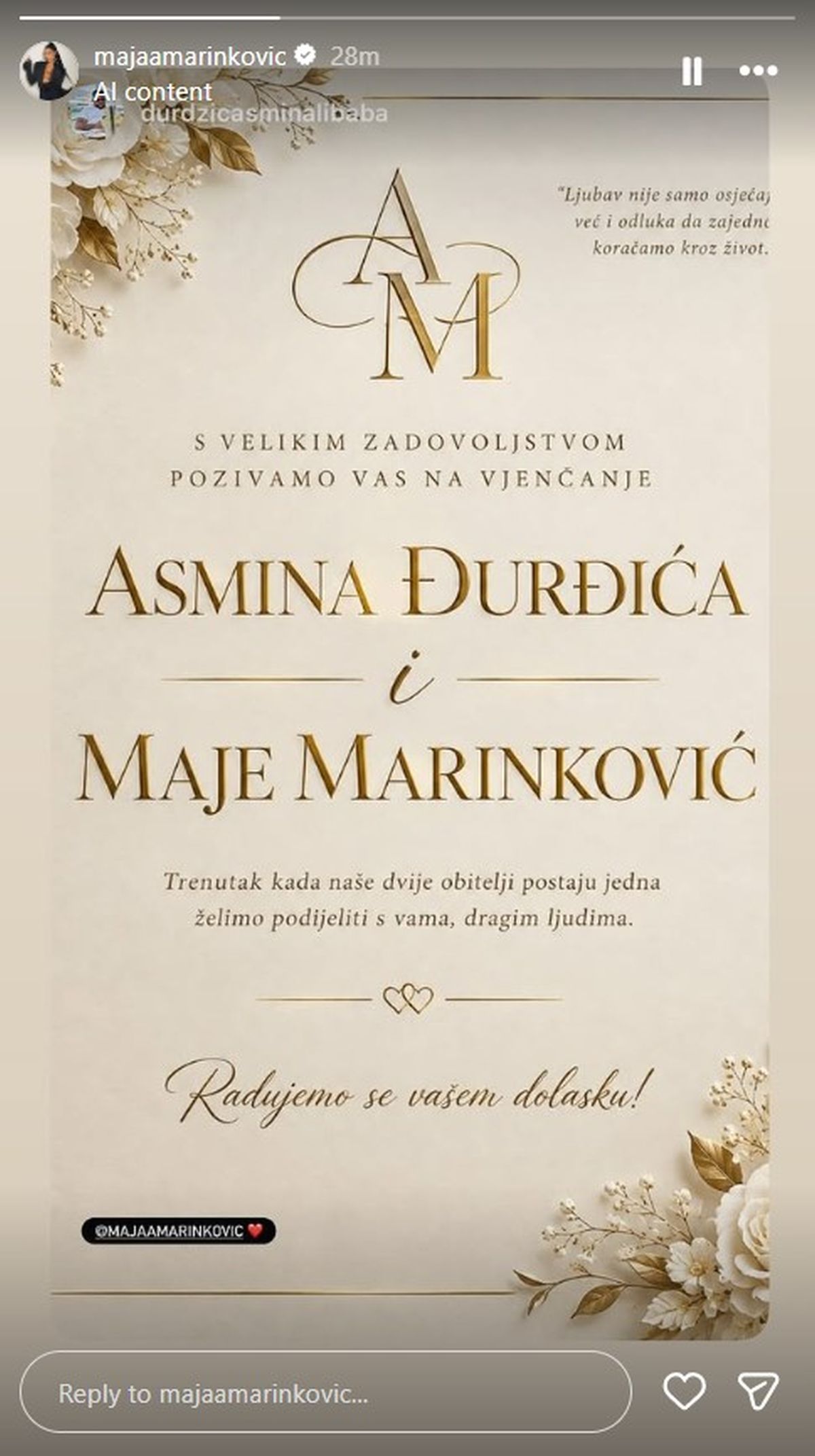 Venčanje Maje Marinković i Asmina, objavljena pozivnica: Spemaju veliko slavlje
