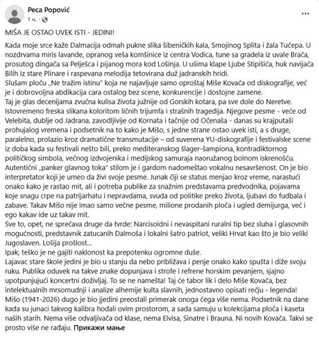 Peca Popović objava